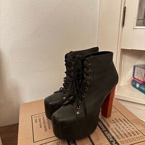 Jeffrey Campbell Lita Heels Black Leather with Wood Block Heel